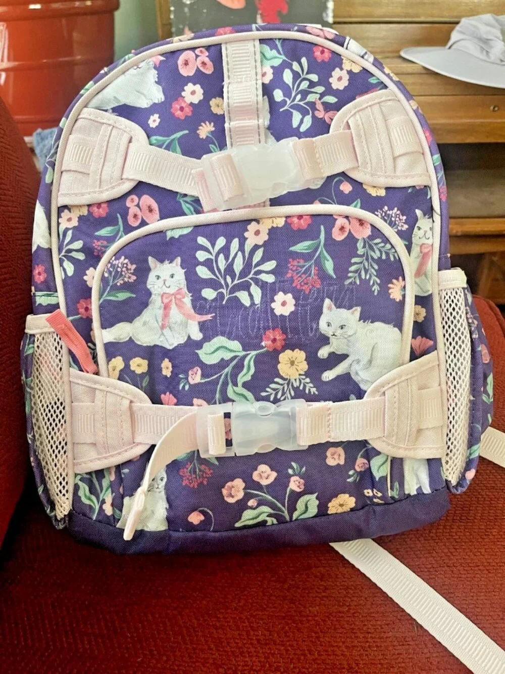 Pottery Barn Kids Mackenzie Small Backpack Kitty Floral Purple Pink Cats Bows